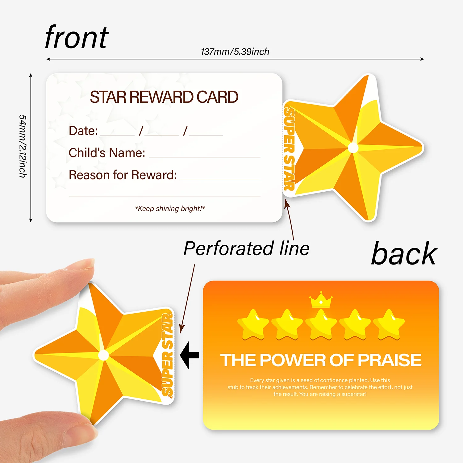 50 student star rating reward cards, removable superstar classroom reward system, children's behavior incentive cards