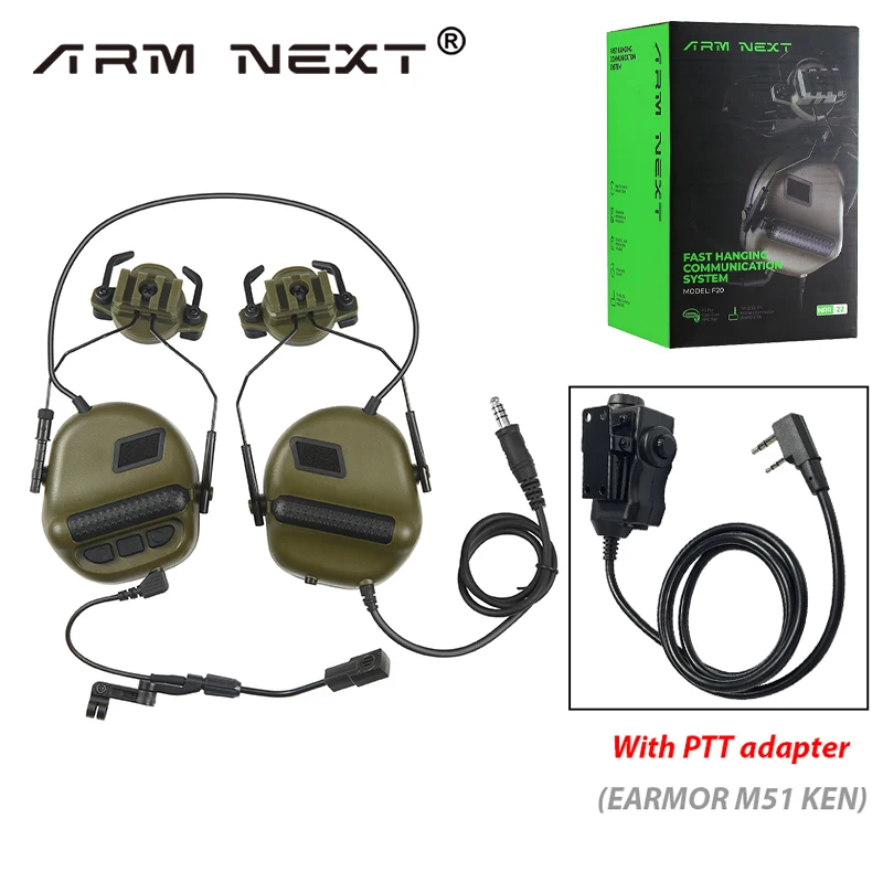 ARM NEXT F20 Tactical Headset & PTT Adapter Set Suitable for KENWOOD Radio Communication Shooting Noise Clearance Earmuff