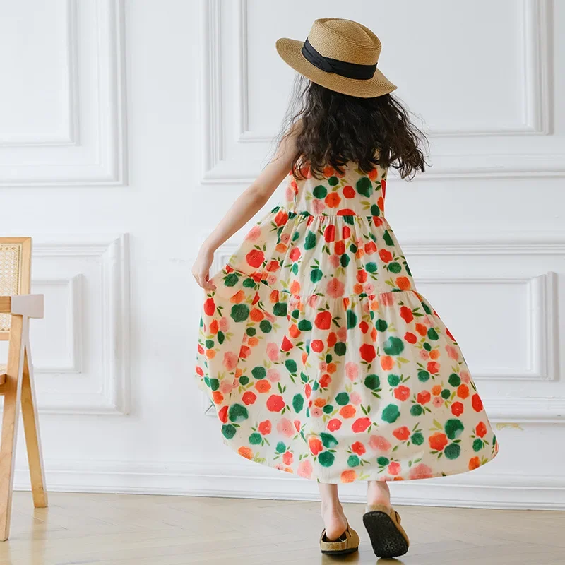 فستان صيفي للفتيات فستان جميل بدون أكمام لقضاء العطلات على الشاطئ فستان صيفي طويل مطبوع للأطفال فستان ماكسي كاجوال 10 سنوات