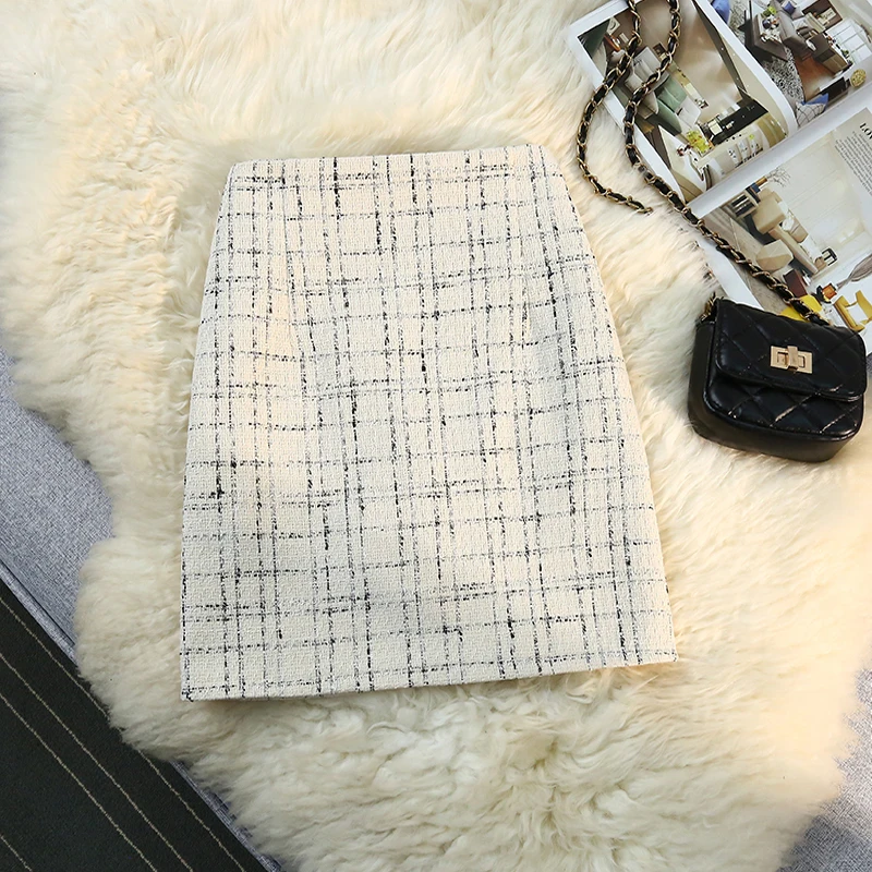 Autumn Winter Golden Thread Plaid Woolen Skirt Women Sexy High Waisted Short Mini Skirt