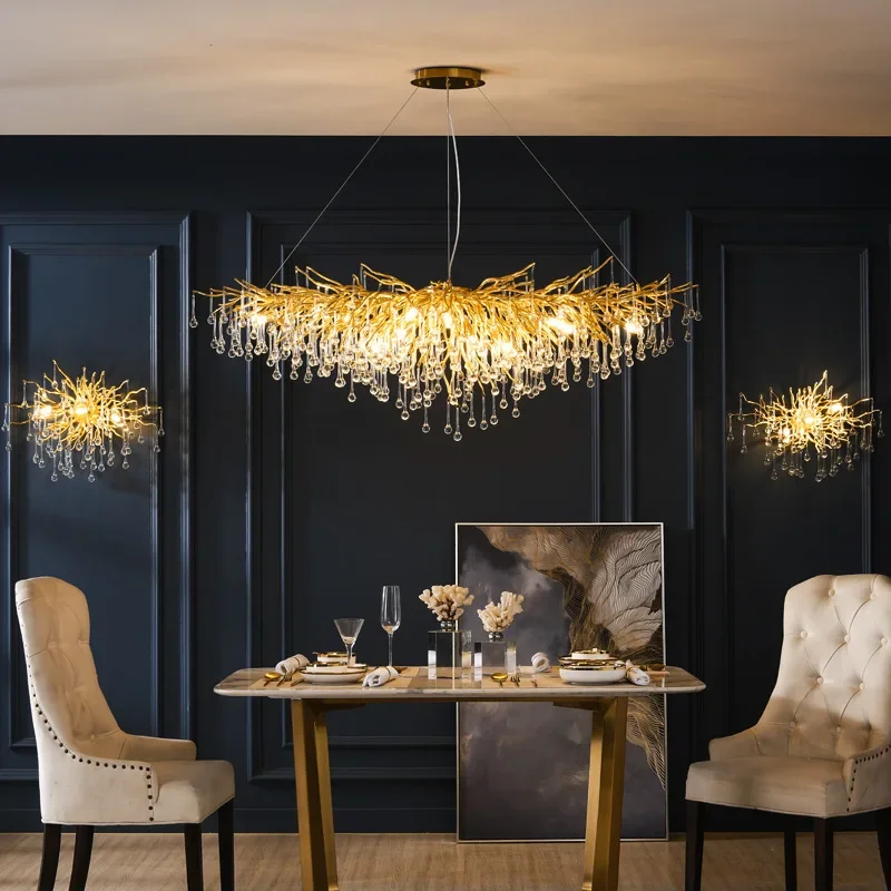 Gold Water Drop Luxury Ceiling Chandeliers Modern Branches Lustre Living Dining Room Hotel Hall Decor Pendant Lights Suspension