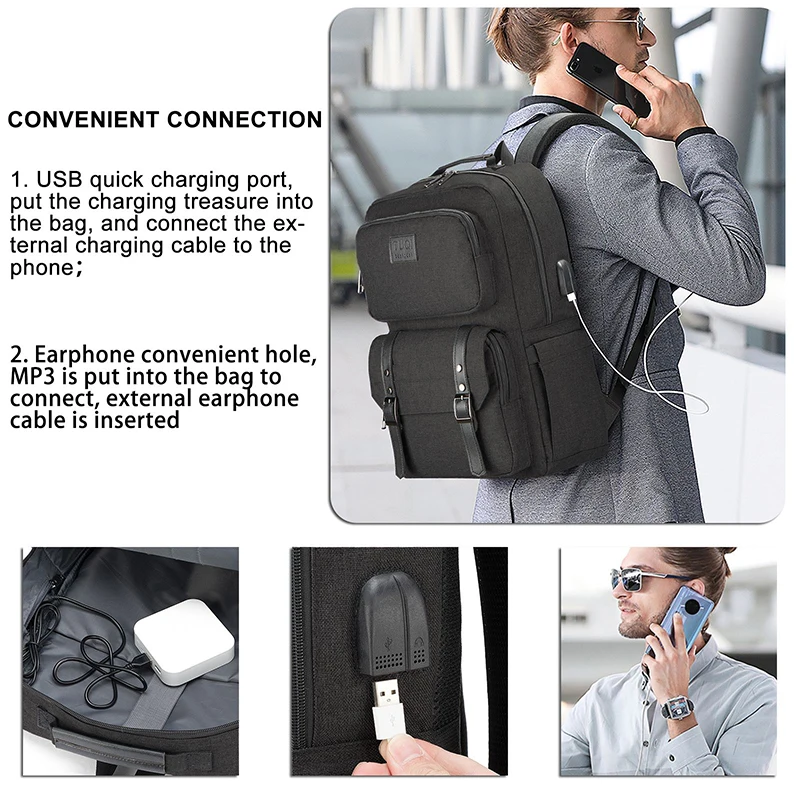 Mochila De diseño antirrobo para viaje, bolsa portátil de tela de nailon negro de gran capacidad con puerto de carga USB, nueva moda