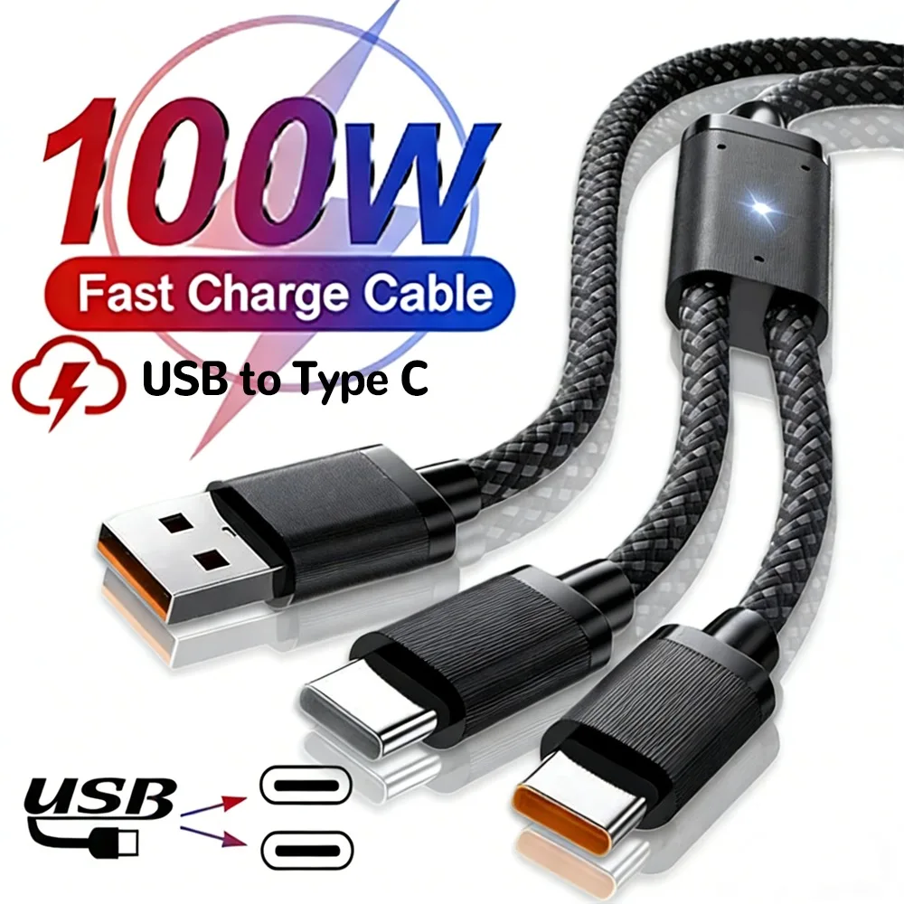 100W Super Fast Charging Cable USB A To Dual Type-C Data Splitter Extension Y Cables for IPhone 17 Samsung Xiaomi Google Laptop