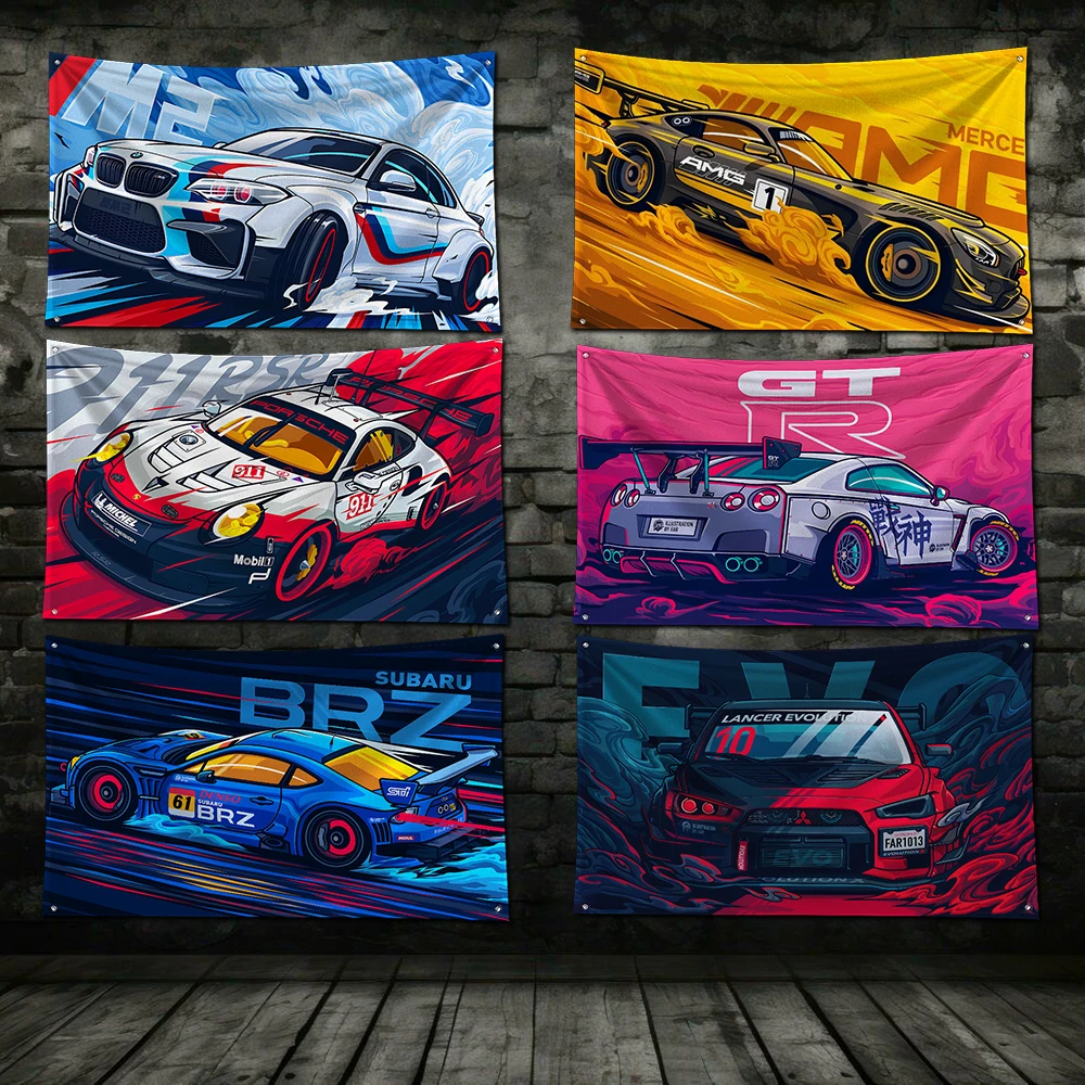 Bandera de coche Sport Rally Drift GTR JDM M2, pancarta de impresión Digital de poliéster para decoración de puerta exterior de pared de garaje con ojales, 3x5 pies