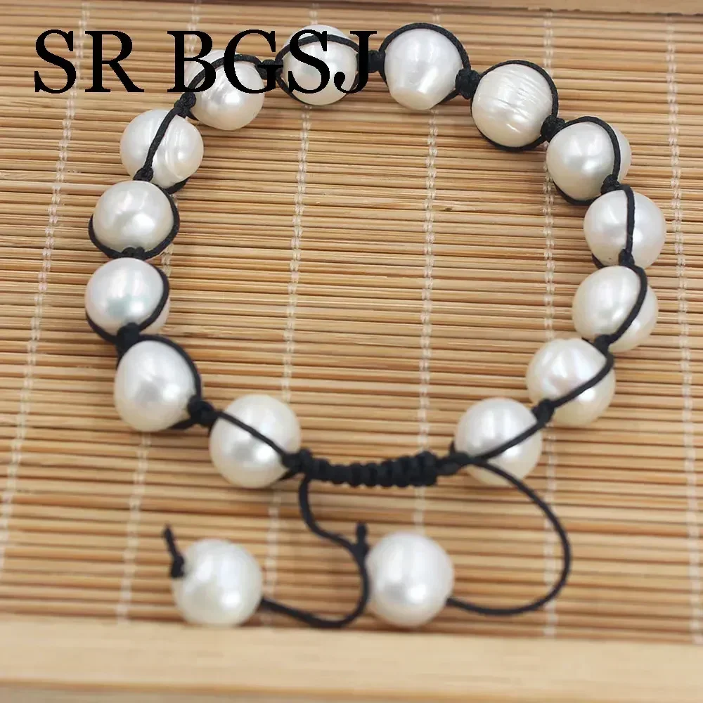 9-10mm White Nearly Round Genuine Natural Freshwater Pearl Handmade Braided Rope Cord Women Jewelry Bracelet  7-8inch