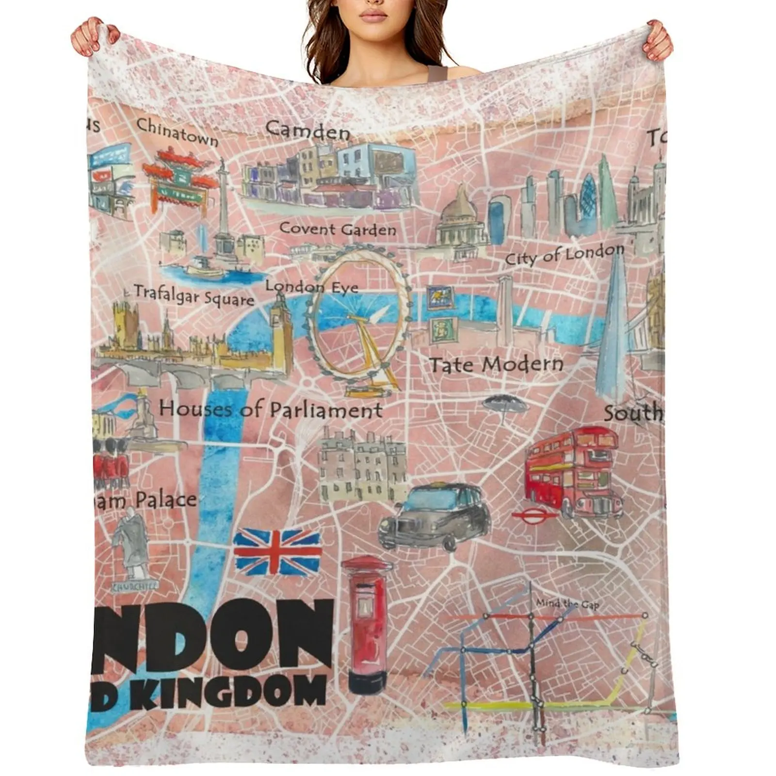 

London UK Illustrated Map with Main Roads, Landmarks & Highlights Throw Blanket Softest Summer Thin Picnic Blankets