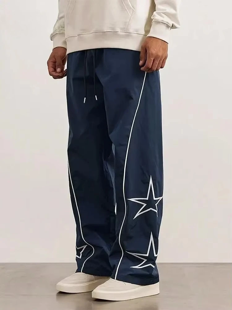 

Vintage Y2K Stars Embroidery Loose Pants Mens Hip Hop Drawstring Straight Trousers Streetwear Men 2025 Spring Fall Casual Pants