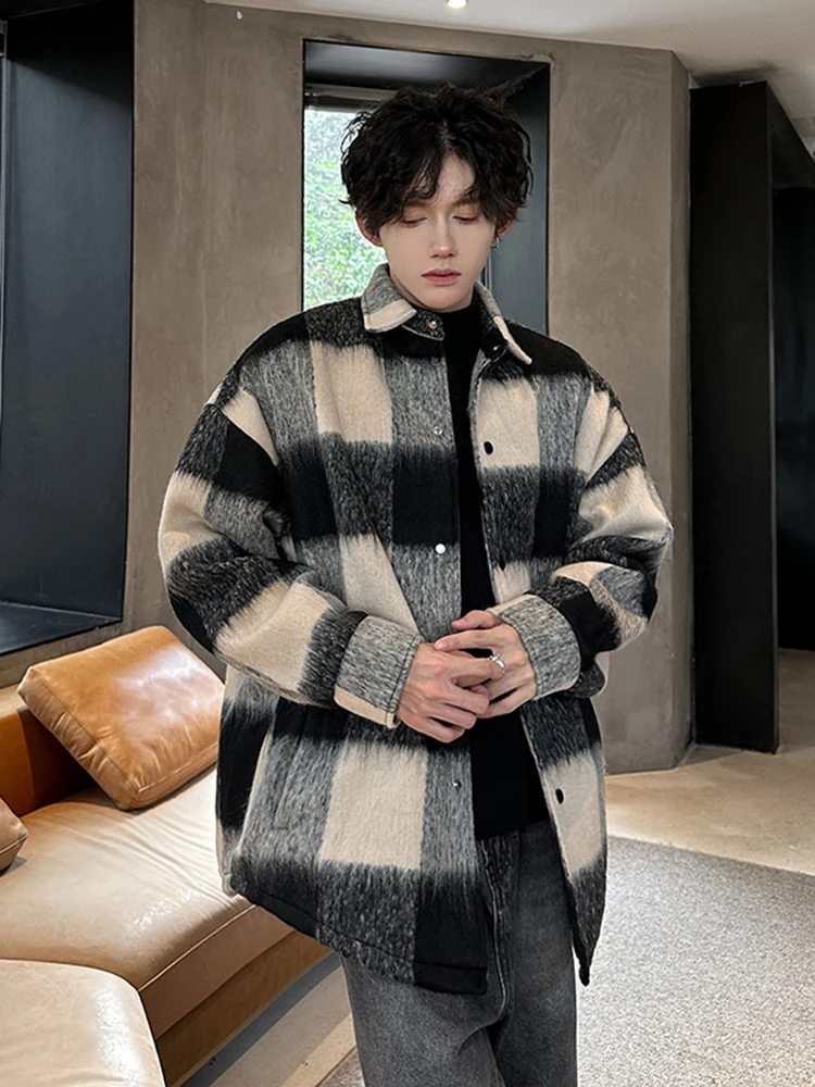 

Preppy Plaid Men's Coat Autumn Winter Thiened Windproof Large Collar ort Woolen Jaet for Teenagers Faionable Outerwear