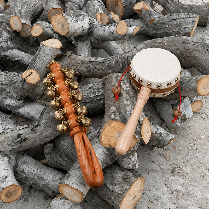 Handmade Rattle Sheepskin, Bamboo Joint Design, All Made Of Peach Wood With Copper Caps And Nails, An Educationa