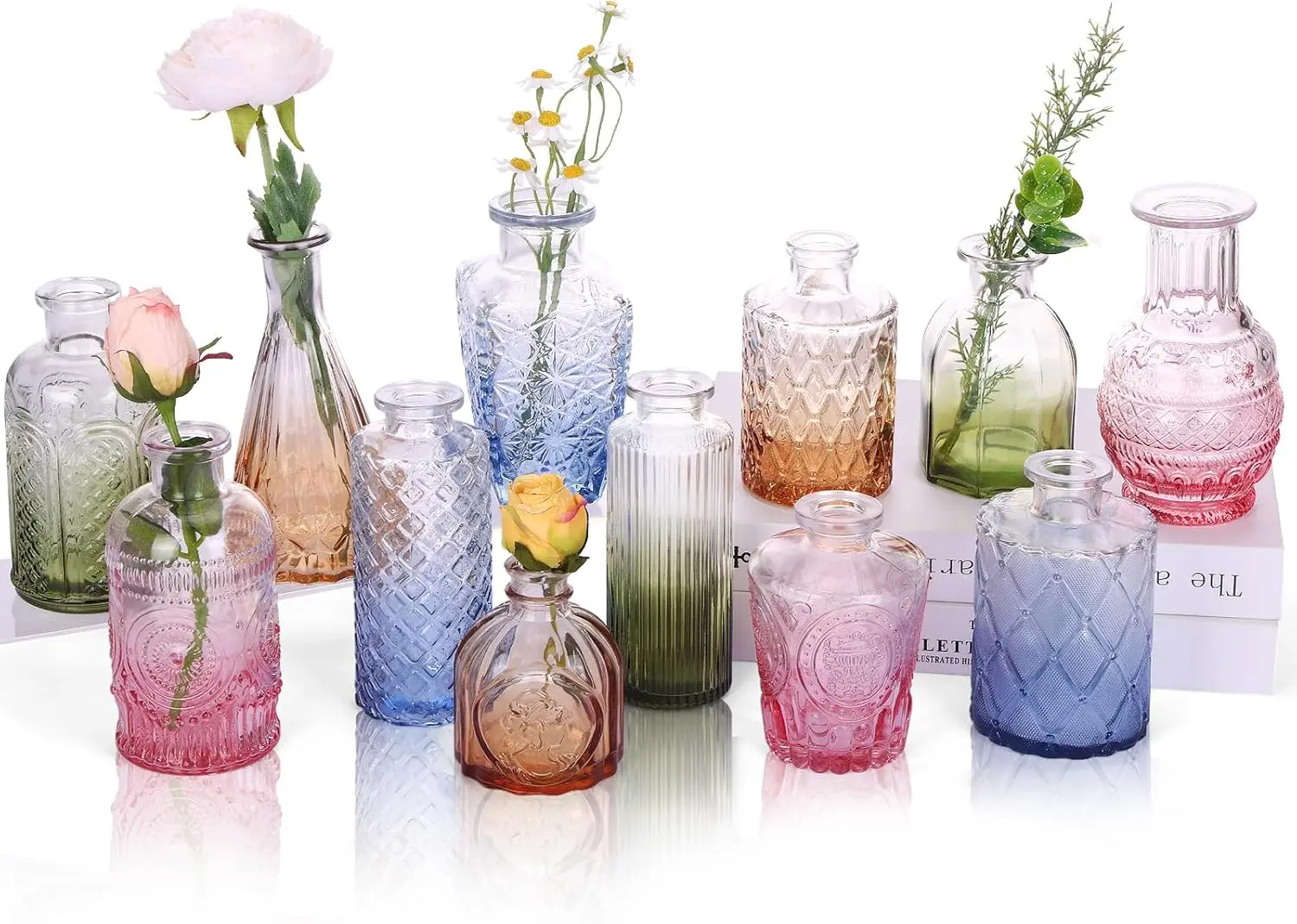 

Набор из 12 разноцветных стеклянных ваз для цветов, винтажные маленькие вазы для свадебного и домашнего декора стола в цветах янтарный, синий, зеленый, розовый