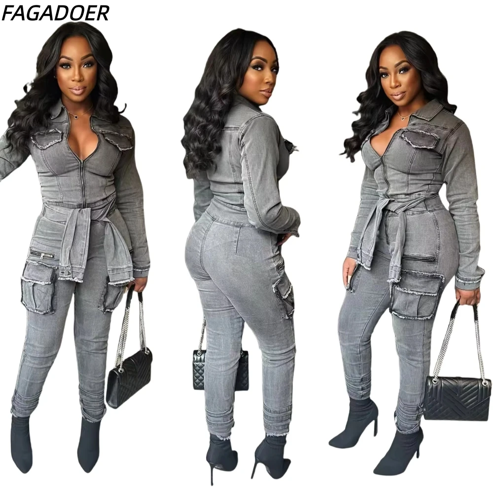 FAGADOER Retro Grey Denim Jumpsuits Women Cargo Pockets Zip Bodycon Jeans Stretchy Quality Overalls Streetwear Autumn New