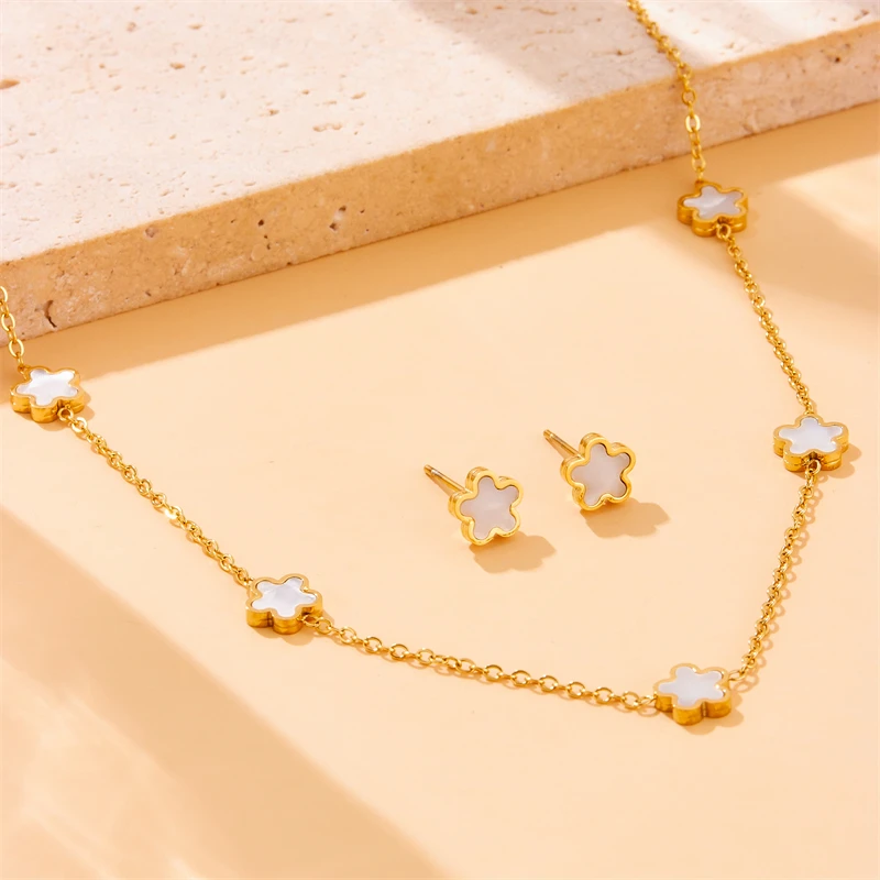 DIEYURO 316L Stainless Steel White Sea Shell Five Leaf Flower Necklace Bracelet Suit Womens 2024 New TrendNon-fadingjewelry Set