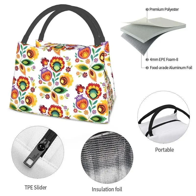 Polish Folk Flowers Lunch Bag Men Women Thermal Cooler Insulated Poland Floral Art Lunch Box for School Work Picnic Food Tote