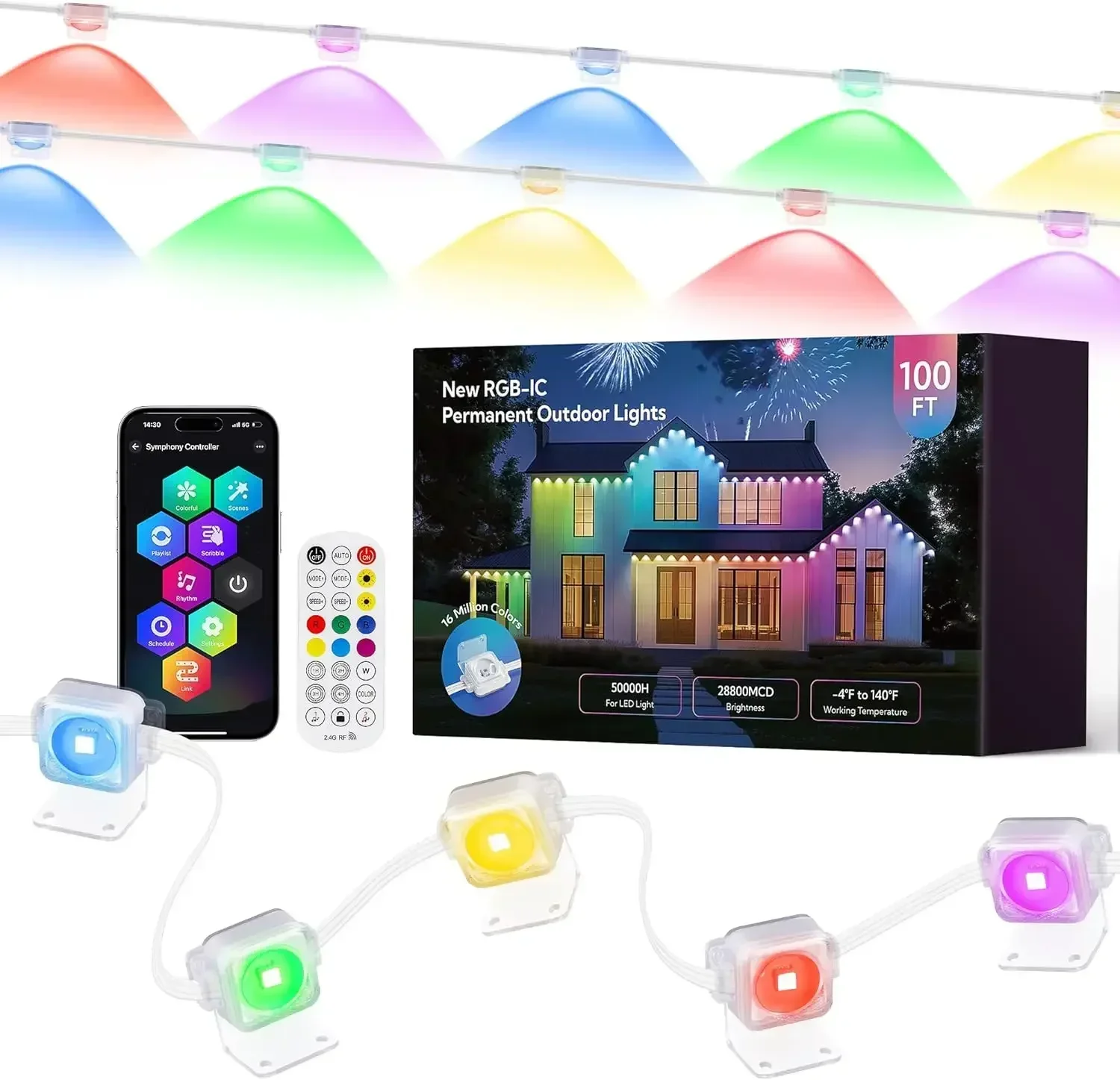 

Permanent Christmas Lights Outdoor for House,100FT Smart RGBIC Outside Light with 66 Scene Modes,IP67 Waterproof Color Changing