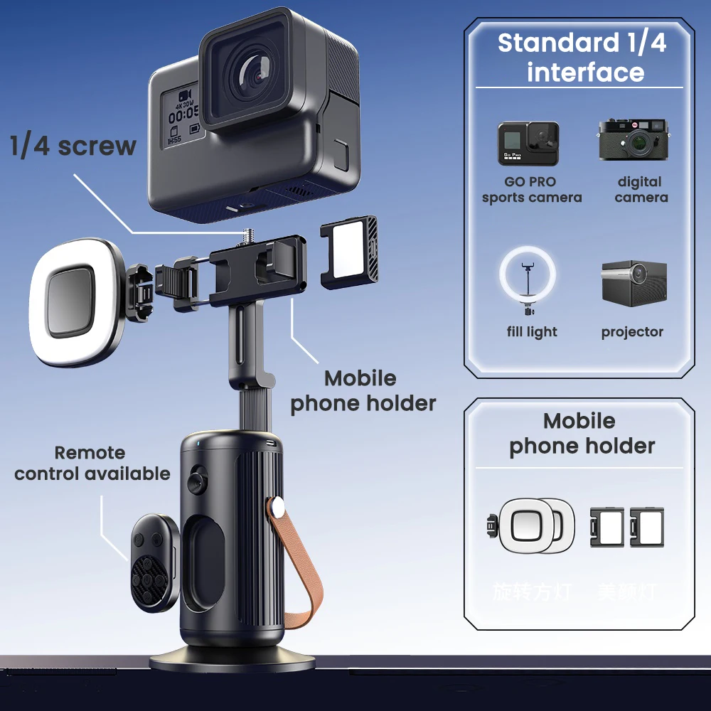 Selfieshow Gimbal 360 Rotation AI Automatic Tracking Shooting Stabilizer Detachable Phone Clip Mini Selfie Stick PhoneHolder
