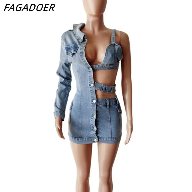 Fagadoer blau Mode eine Schulter Langarm Denim hohle figur betonte Kleider Frauen Knopf schlanke Jean Vestidos sexy Cowboy-Kleidung