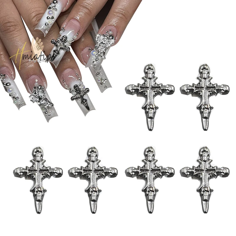 10Pcs 3D Nail Art Charms Punk Silver Retro Cross Luxury Metal Gothic Design Manicure Tips Rhinestones Decoration