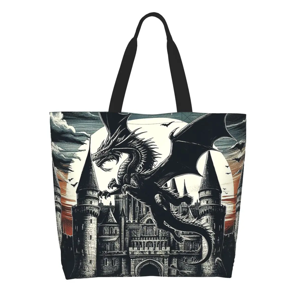 Fantasy Mythical Dragon And Castle Shopping Tote Bag Canvas Large Capacity Shoulder Bags Shopper Grocery Handbag for Women