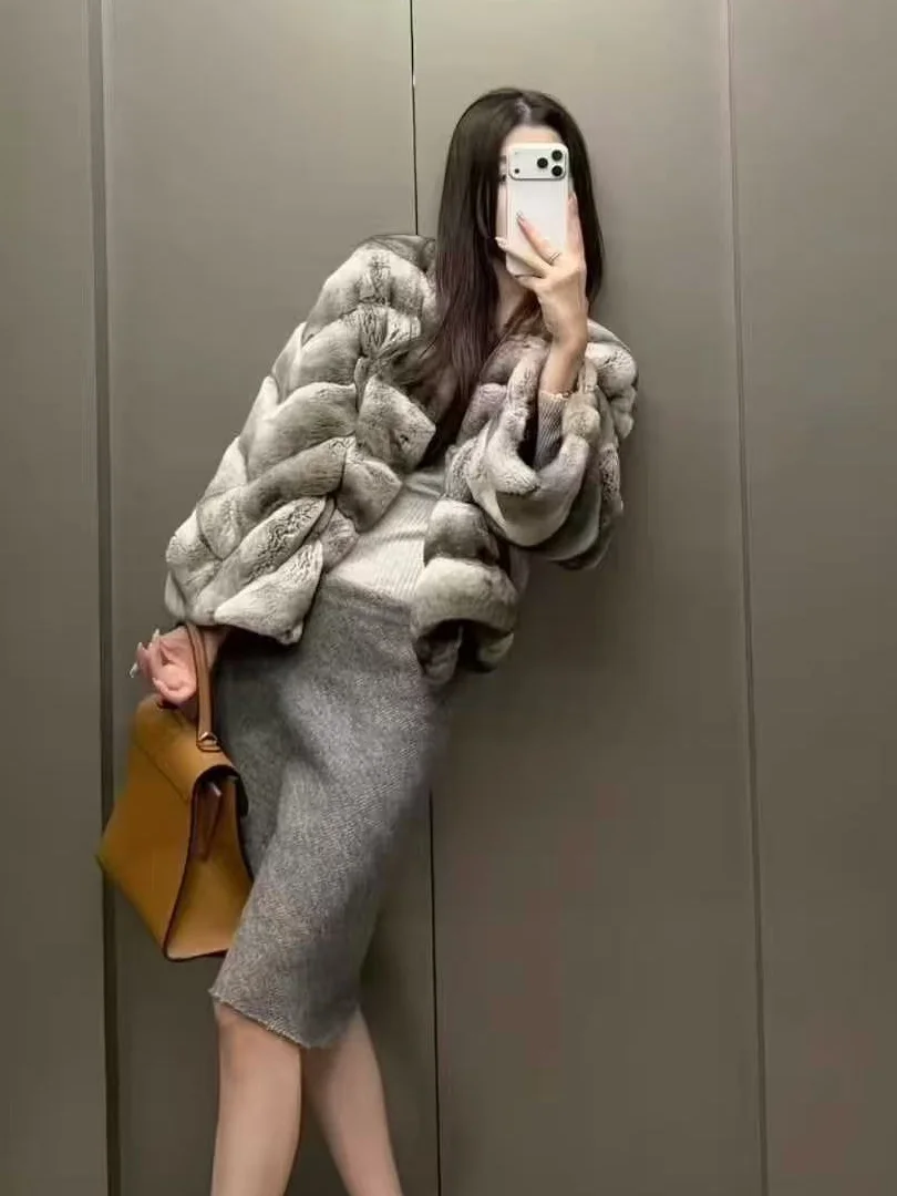 BFFUR Winter Women Temperament  Real Rex Rabbit Fur Coat V Collar Lady Short Cozy Genuine Rex Rabbit Fur Jacket