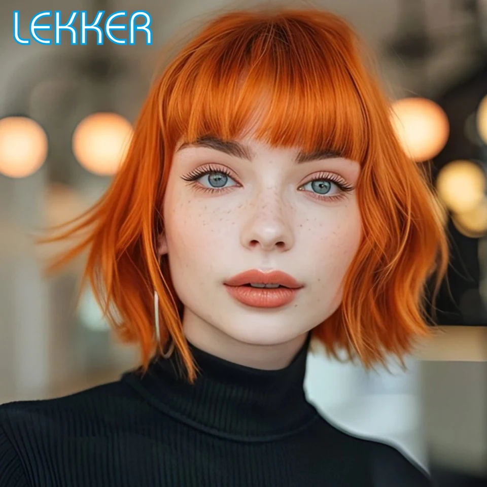 Lekker Short Straight Bob 100% Human Hair Wigs With Bangs Wig For Women Brazilian Remy Hair Ginger Orange Full Machine Made Wigs