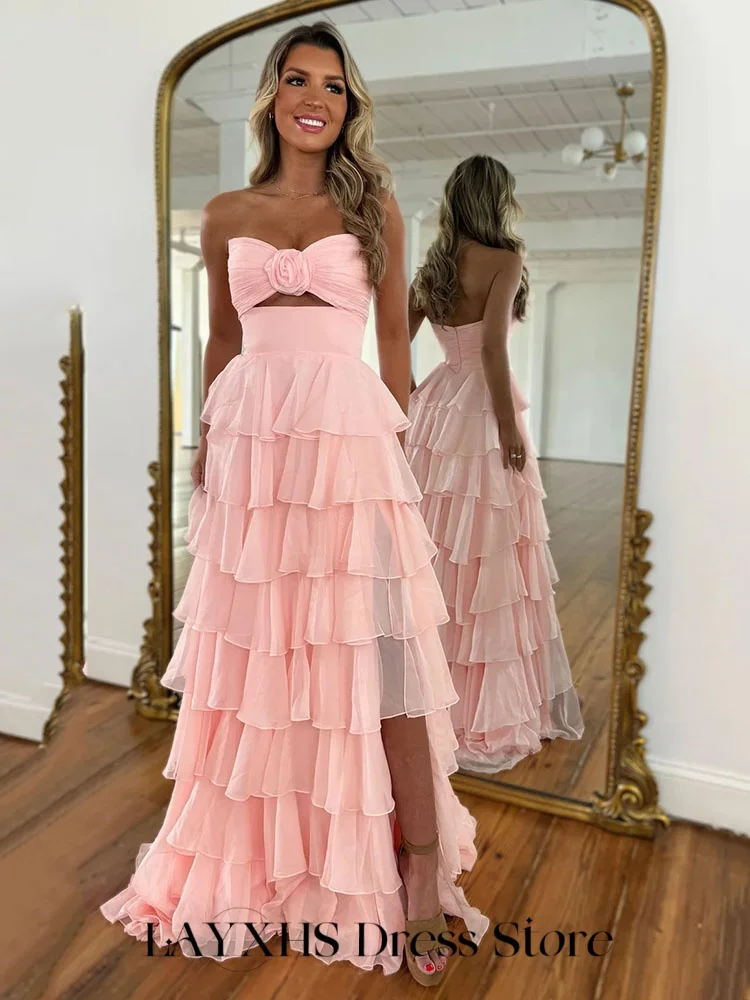 

LAYXHS Simple Sweetheart Evening Dresses Pink Cut-out Flower A-line Tiered Ruched Side Slit rom Dresses Customized فستان سهرة نس