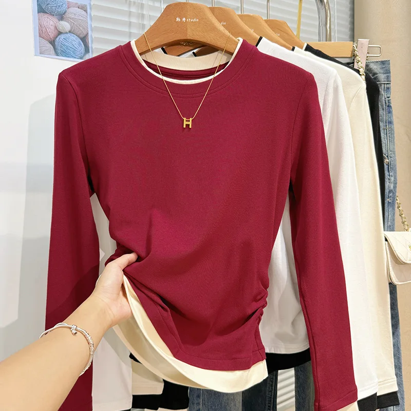 

Женская осенне-зимняя тонкая майка с асимметричной талией, 2022, высококачественная футболка с цветными блоками, модный повседневный топ с длинными рукавами