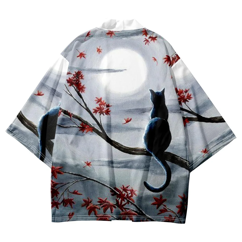 Vintage Cartoon Cat Print Cardigan Beach Yukata Japanese Kimono Streetwear Men Women Haori Robe Clothes