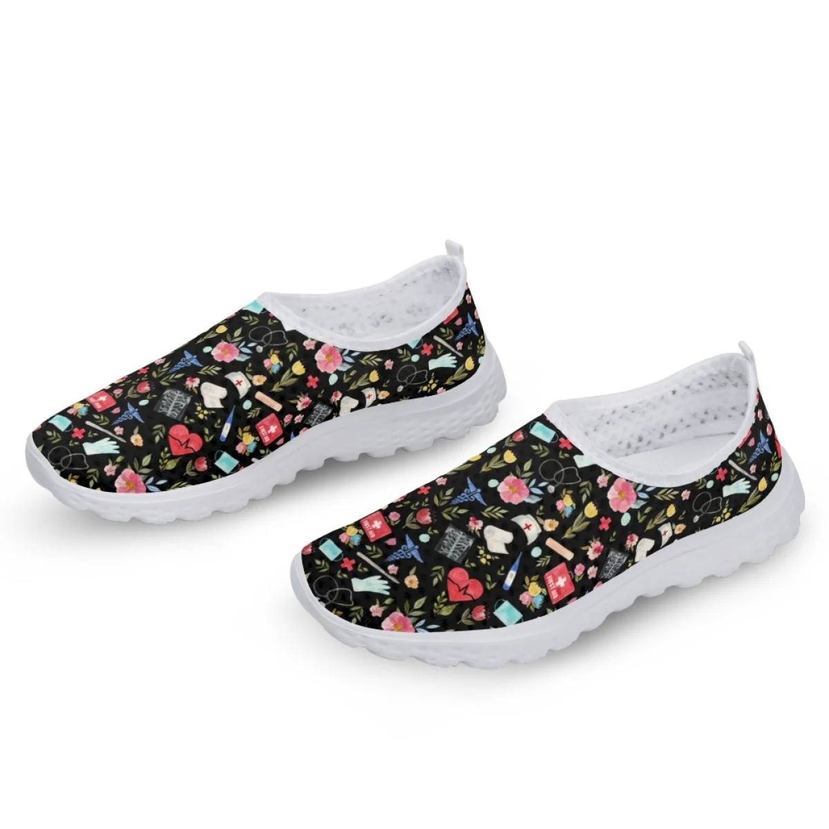 Love to Care Medical Black Printed Flats Lightweight Comfortable Outdoor Sneakers Student Breathable Nursing Loafers Zapatos