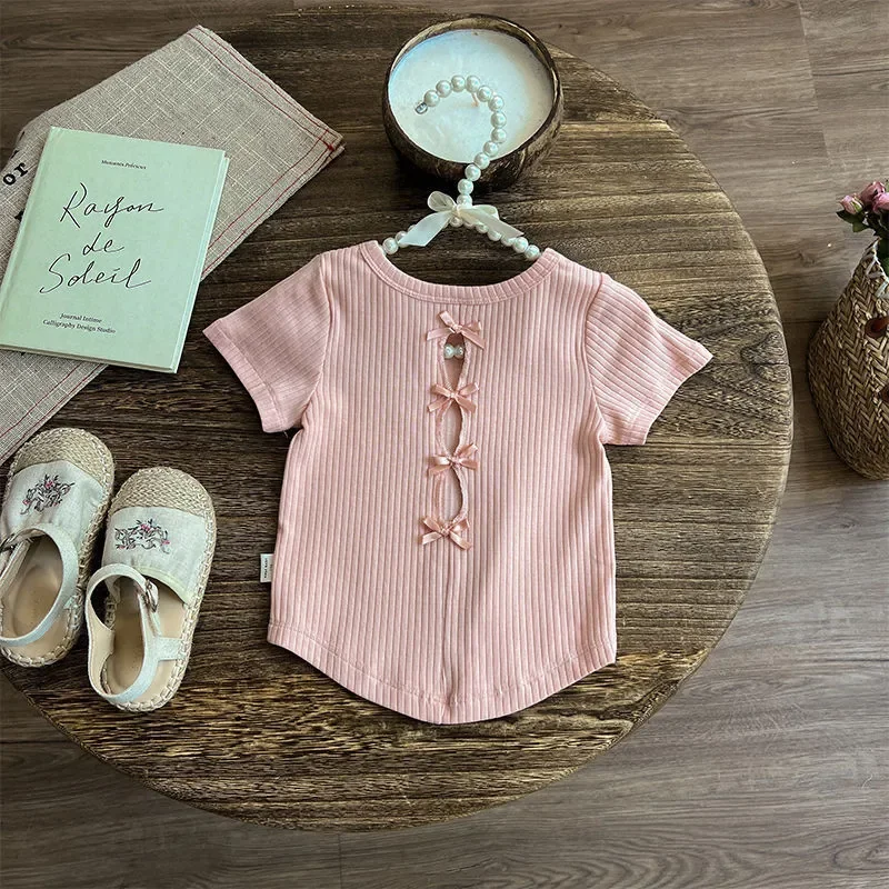 T-shirt for Kids Girl 2-7 Years Old Solid Colour Back Cutout Top Summer Baby Girls Fashionable Versatile Short-sleeved T-shirt