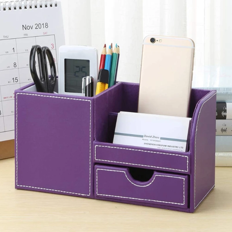 1PCS PU Leather Multi-Function Desk Stationery Organizer Storage Box Pen, Phone, Business Name Cards Remote Holder