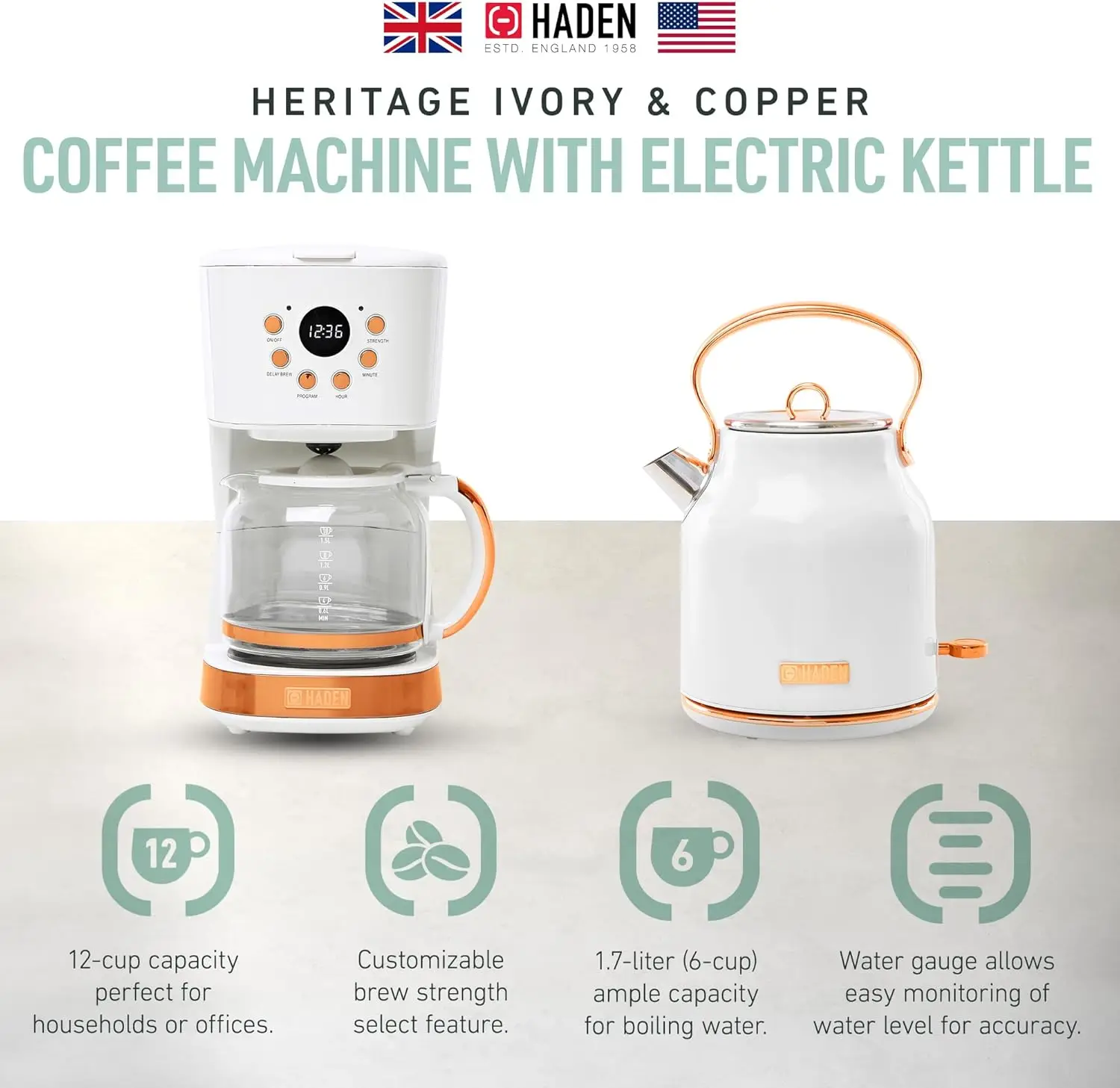 Coffee Machine, 12 Cup Drip Coffee Maker Bundled with Heritage 1.7 Liter Stainless Steel Electric Kettle, Ivory & Copper