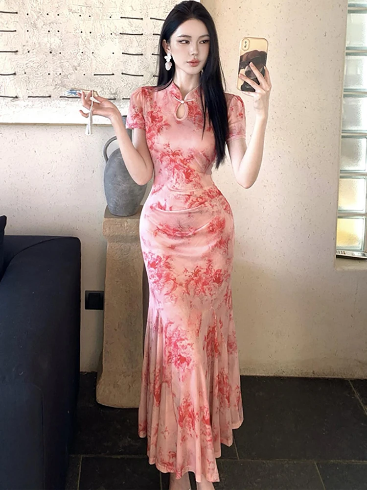 Summer Pink Floral Mesh Casual Ruffled Home Dress Women Short Sleeve Bodycon Holiday Dress 2026 Korean Fashion Elegant Vestidos
