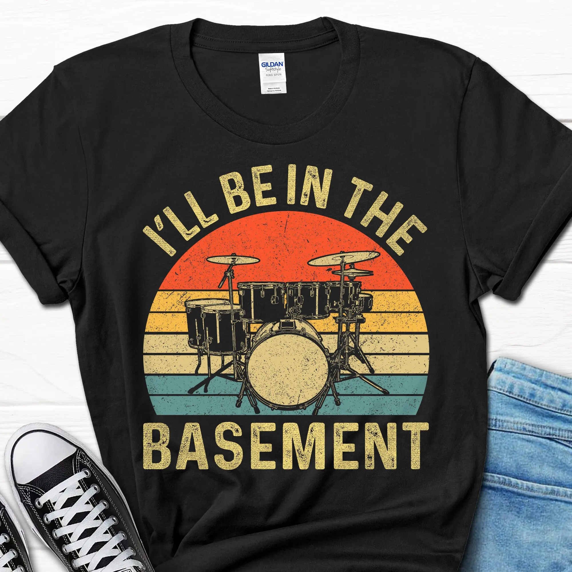 I'll Be In The BasemenT T Shirt Father's Day Drums Drummer Dad For Husband Rock And Roll Him Retro Men's