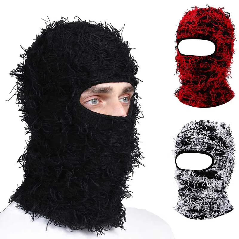 Full Face Cover Ski Mask Hat Balaclava Distressed Knitted Beanie Camouflage Men Hat Women Winter Warm Windproof Bicycle Neck Hat