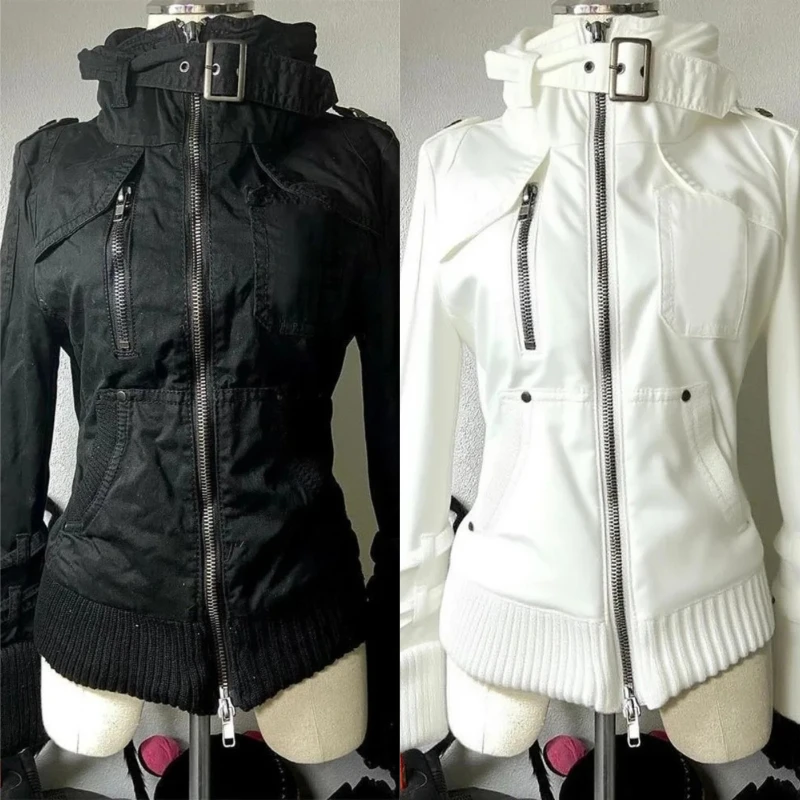 Y2K Gothic Stehkragen Kapuzenjacke Damen Vintage Reißverschluss-Mantel Schmaler Biker-Mantel Harajuku Subkultur Taschen Grunge Oberbekleidung