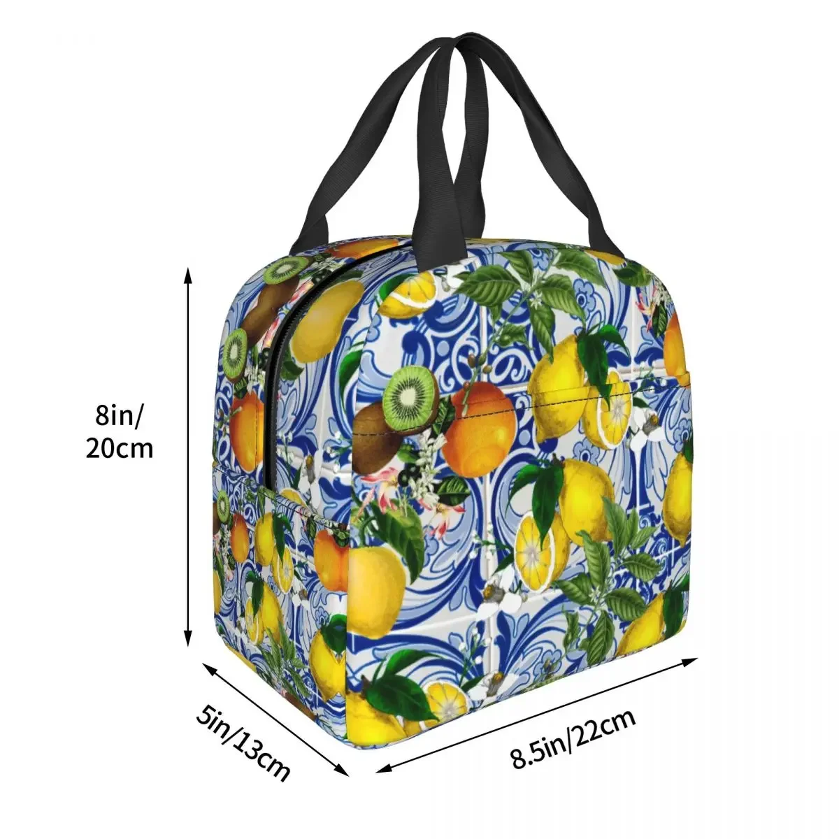 Mediterranean Lemon On Blue Ceramic Tiles Insulated Lunch Bag Leakproof Summer Citrus Fruit Thermal Cooler Lunch Tote Beach