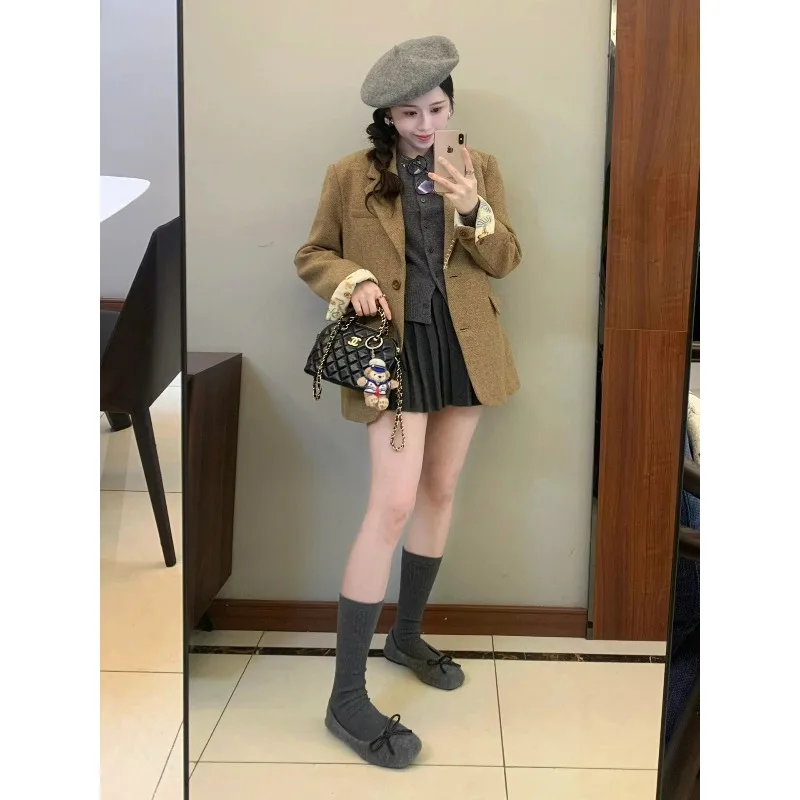 Rétro coréen kaki Tweed costume Jaet femmes ample décontracté Sle automne hiver haute qualité chaud longue Sve bouton unique E12383