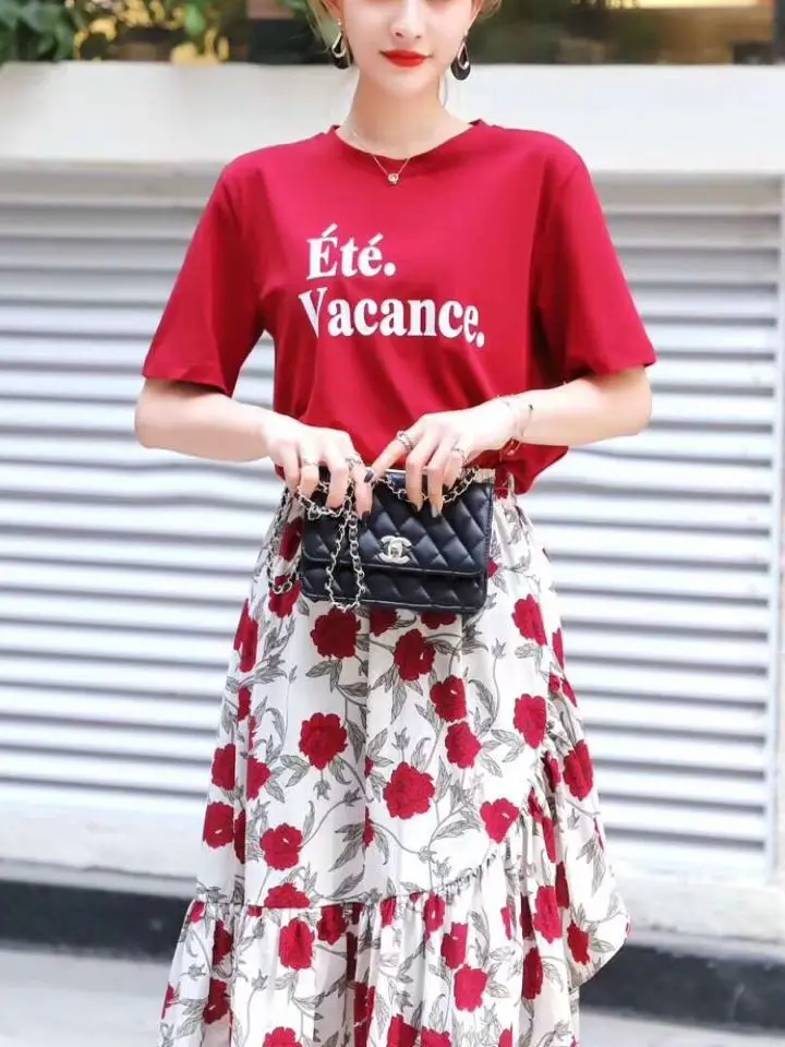 

Spring Summer Floral Print Dress Set Women's High Waist Loose Fit Casual Korean Style Polyester Fiber round Neck Short Sleeve