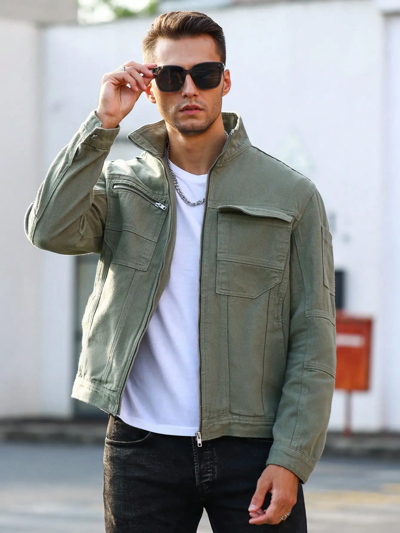 Men Army Green Stand Collar Cargo Jacket Multi Zipper Pockets Tactical Workwear Outerwear Casual Field Coat