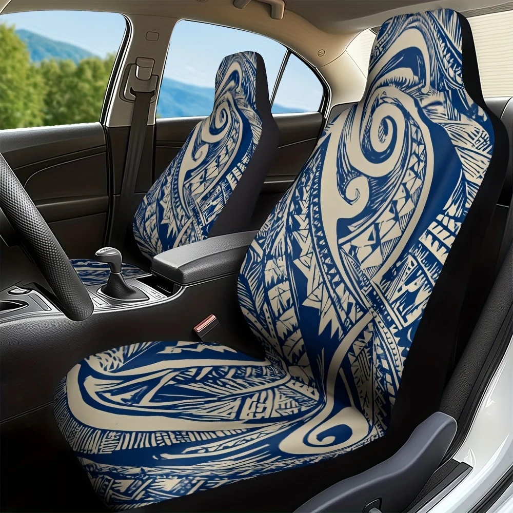 Set Of 2, Stylish Tribal Polynesian Navy Car Seat Covers, Made From Lightweight Washable Material, Universally Compatible To Enh