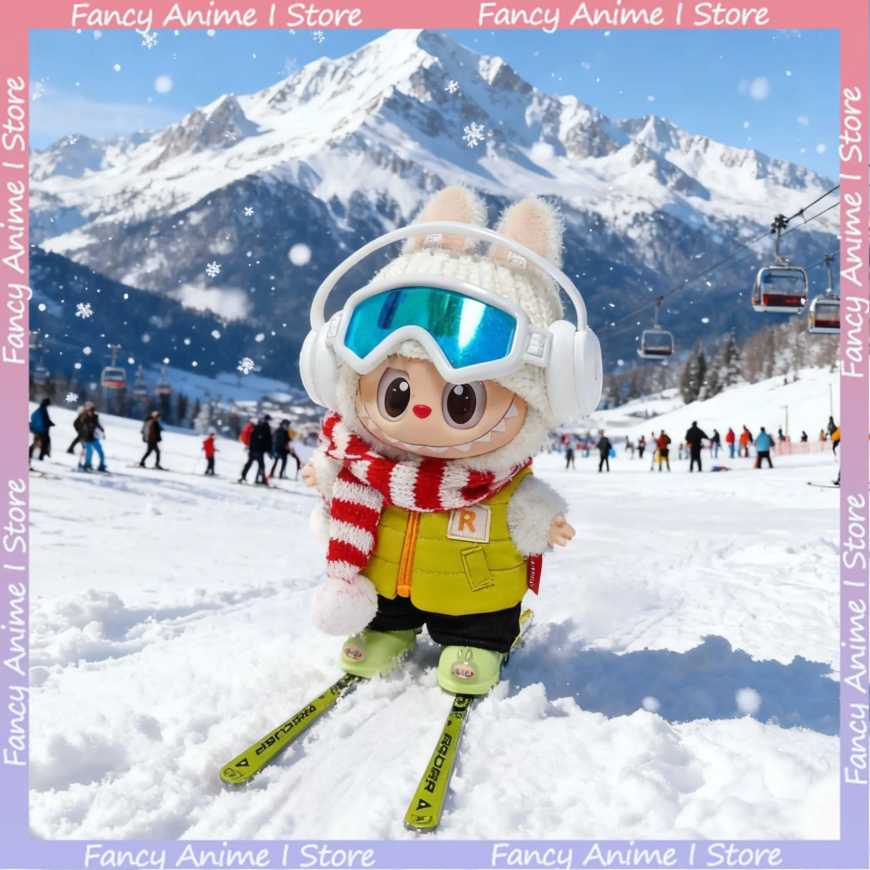 

For 15-17cm Labubu Skiing Clothes Set Fashionable Zipper Hoodie Ski Suit with Skis Goggles Ski Outfit Mini Plush Doll Clothing