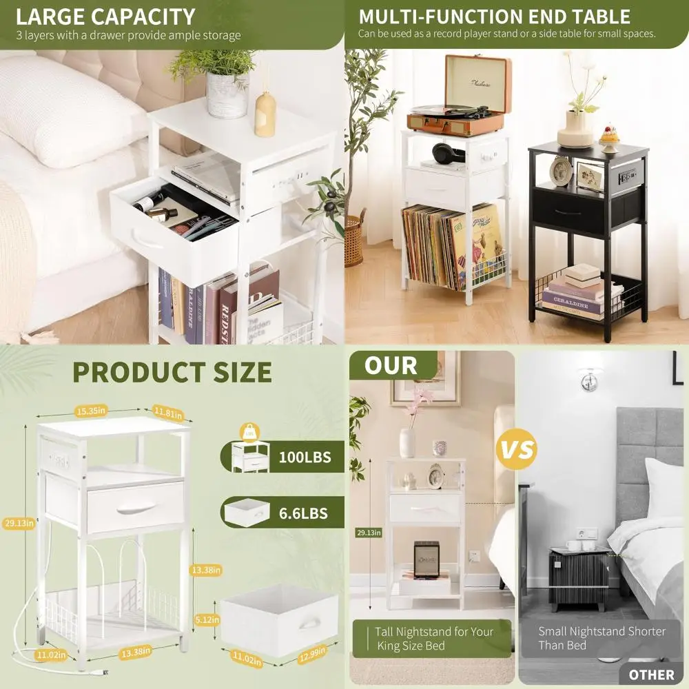 

Modern Vinyl Record Stand with Storage, LED Lights, and Charging Station - Holds 100 Albums, White