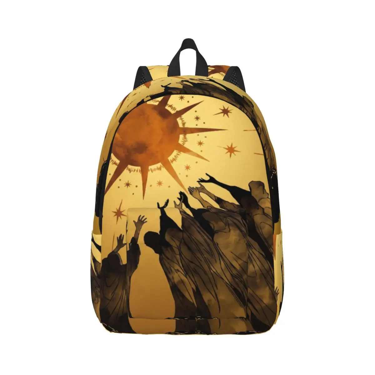 Retro Aesthetic Student Backpack Center Robed Sun Stylized Illustration Deep Gold Warm Amber Shadow Black Edgy Daypack Fashion