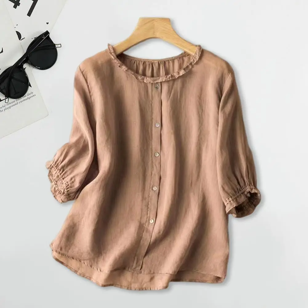 Lightweight Top Solid Color Ruffle Trim Three-quarter Sleeve Women's Blouse Loose Fit Round Neck Shirt with Button Detail Loose