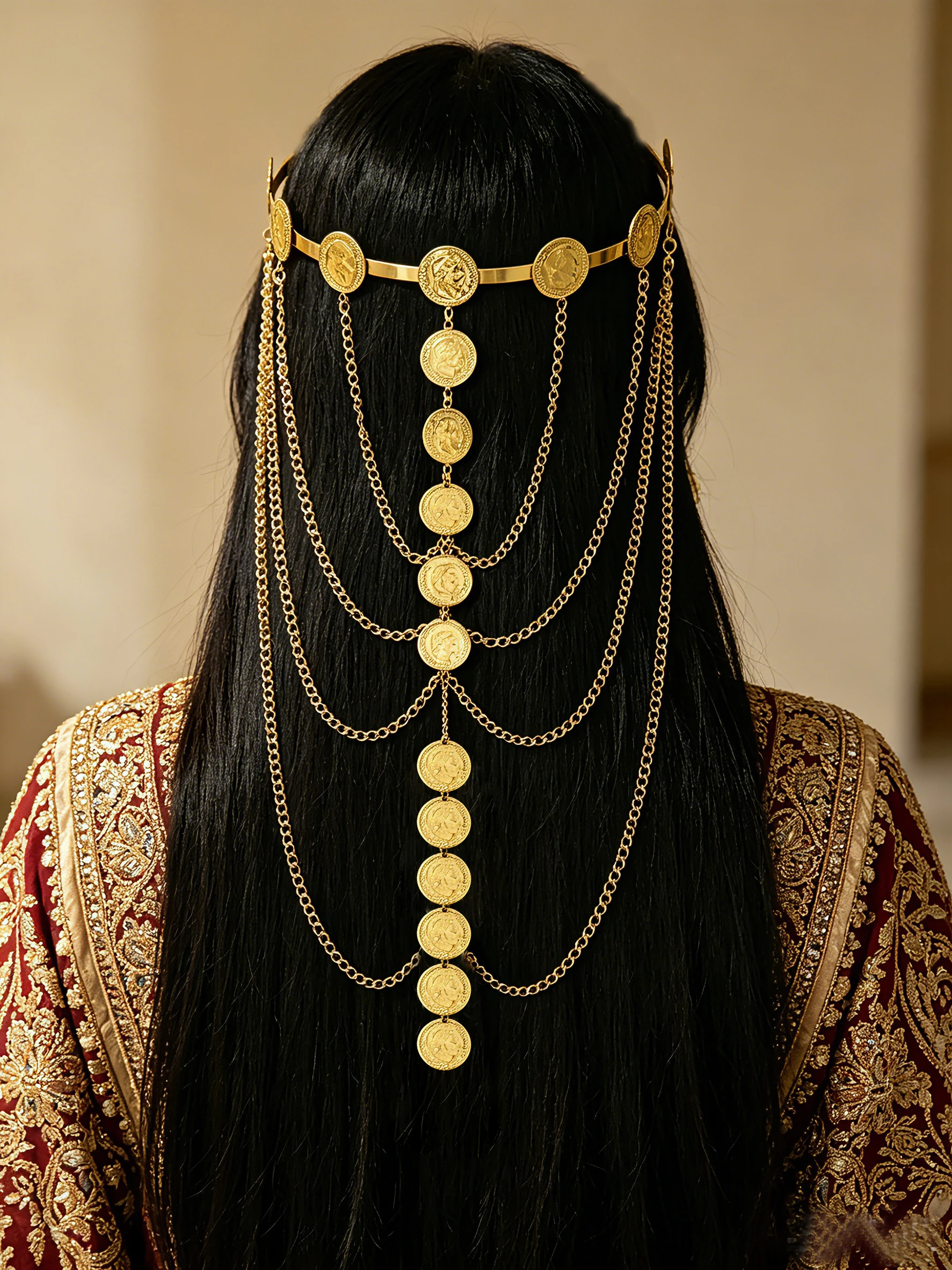 

1Pc Gold Iron Arabic Bohemian Bridal Head Chain Multi Layer Napoleon Coin Tassel Forehead Headpiece Wedding Bride Hair Accessory