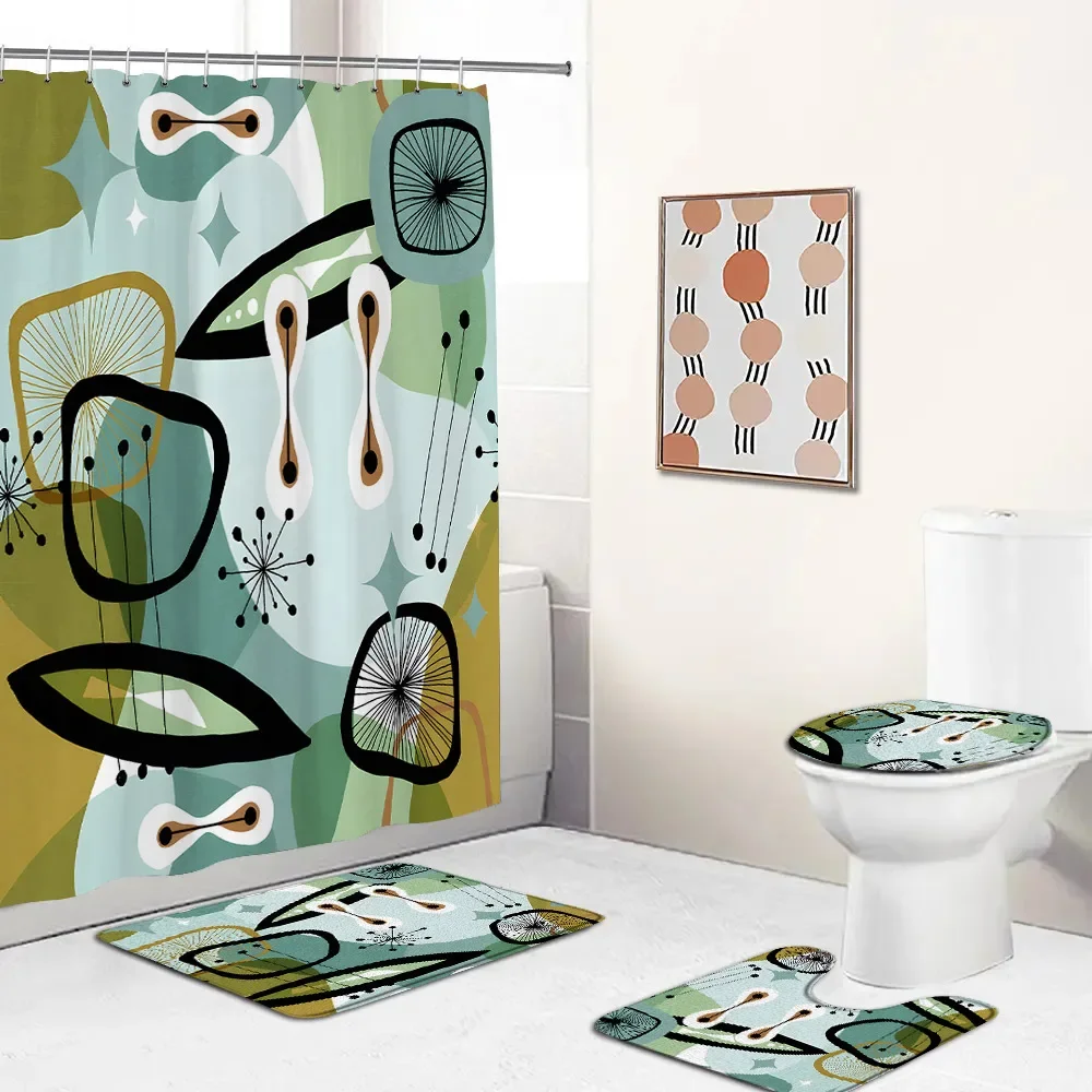 Mid Century Abstract Shower Curtain Set Green Leaf Geometric Nordic Modern Bathtub Decor Minimalist Home Carpet Toilet Lid Cover