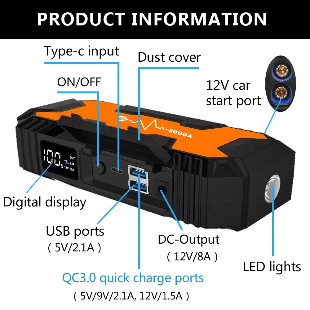 YYHC 22000 mah 3000A 12V Orange Black Powerful Power Bank Car Jump Starter Jump Starter Car Booster Capacitor 2000a 3000a 4000a