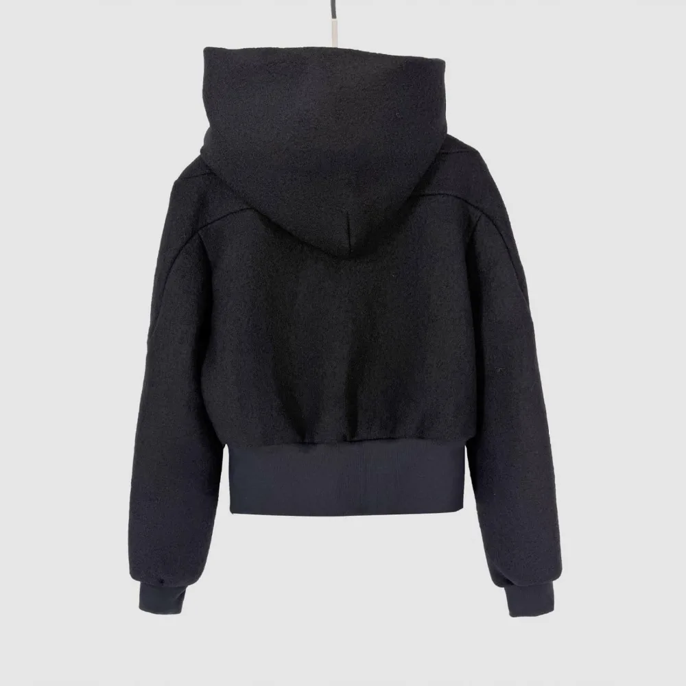 Chaquetas de lana con capucha estilo High Street Dark RO, sudaderas cortas de lana negra para hombre, chaqueta voladora, ropa de calle versátil