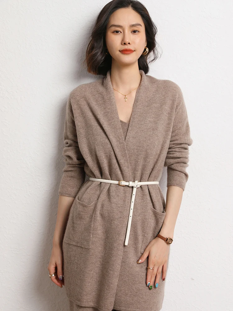Women's Cashmere Sweater Shawl Loose medium-length flowing Cardigan Spring Autumn Winter 100% Cashmere Knitwear Mid-length Coat