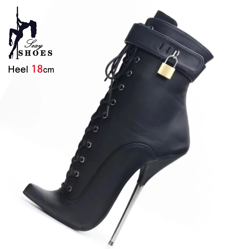 

18CM/7'' Stiletto Heels Matte Leather Pointed Lockable Padlocks Short Boots Nightclub Club Fetish Sexy Shoes Women Ballet Boots